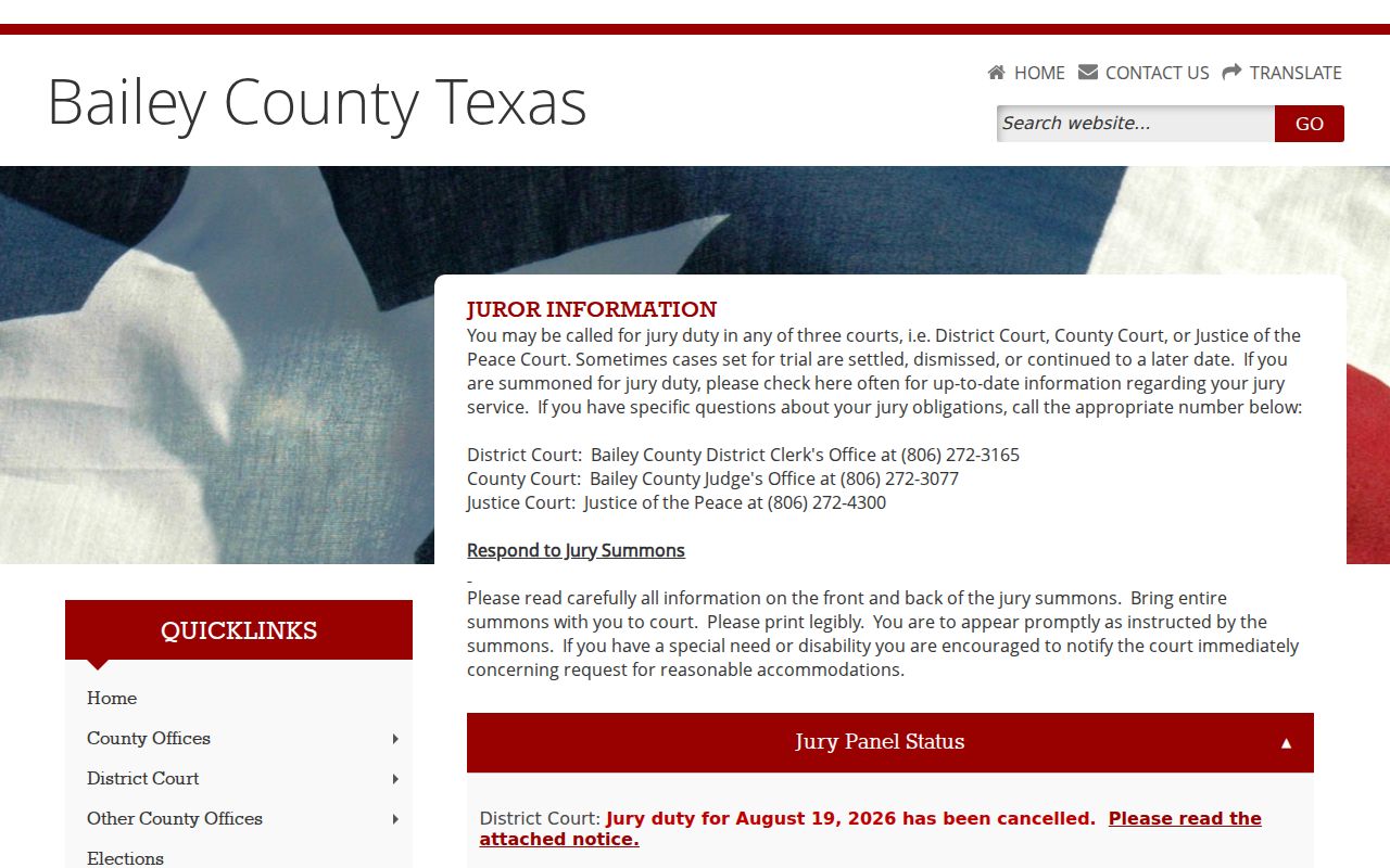 Bailey County court calendar jury status instructions