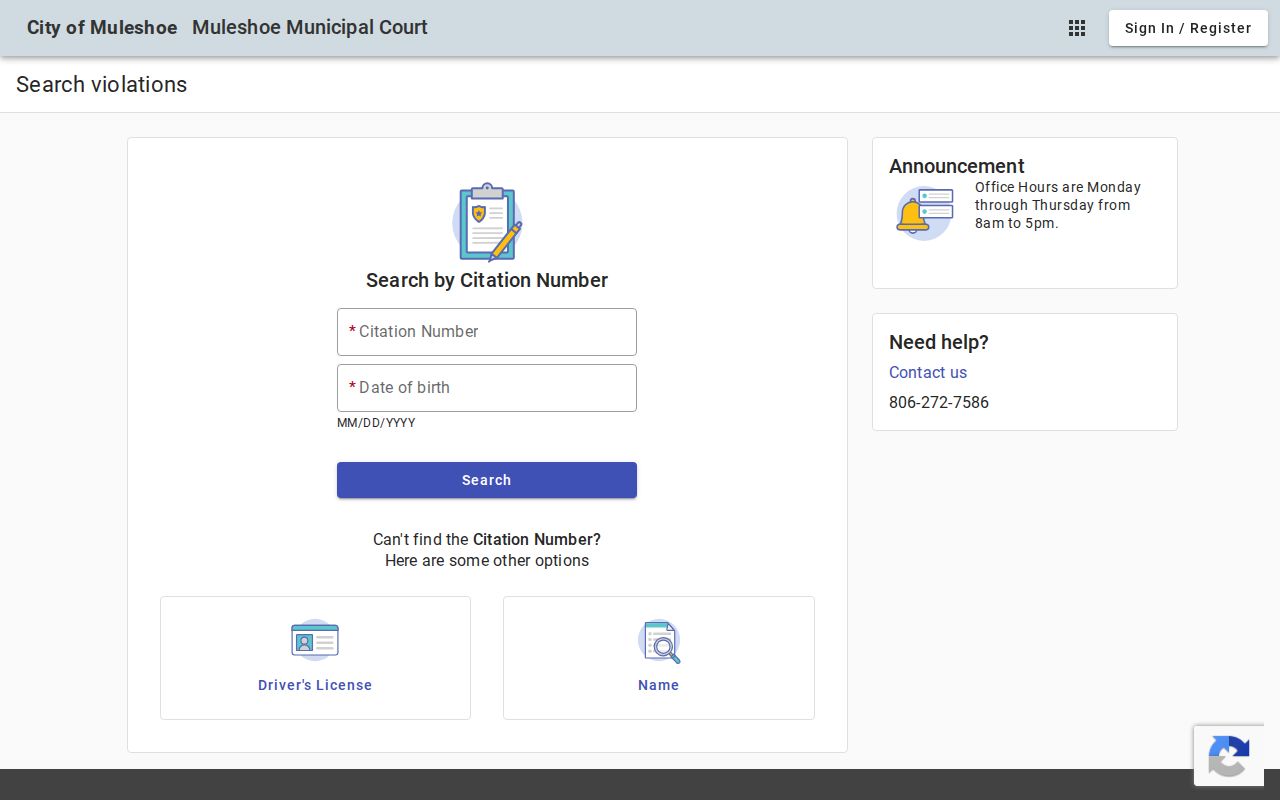 Muleshoe court docket search choices in the municipal citation portal