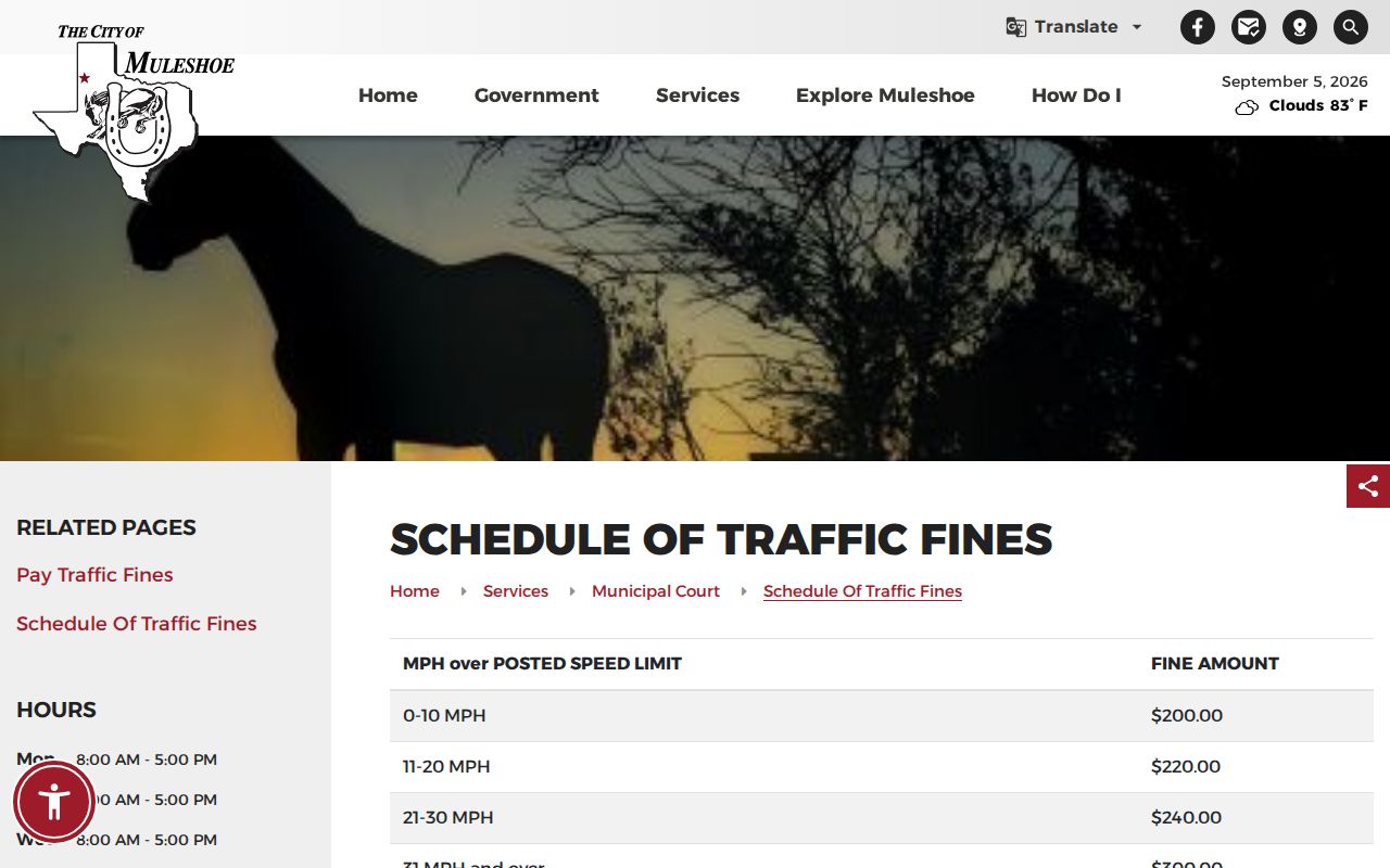 Current Muleshoe Municipal Court traffic fine schedule
